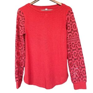 Tickled Teal Red Lace‎ Long Sleeve Top Sz L